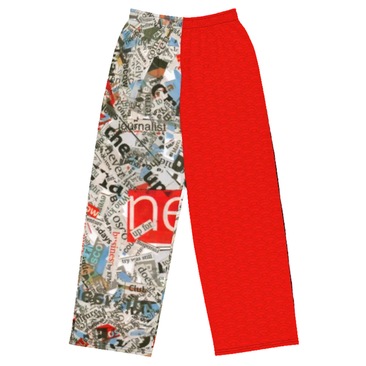 Two pairs of pants, one with a collage pattern and one solid red, on a white background.
