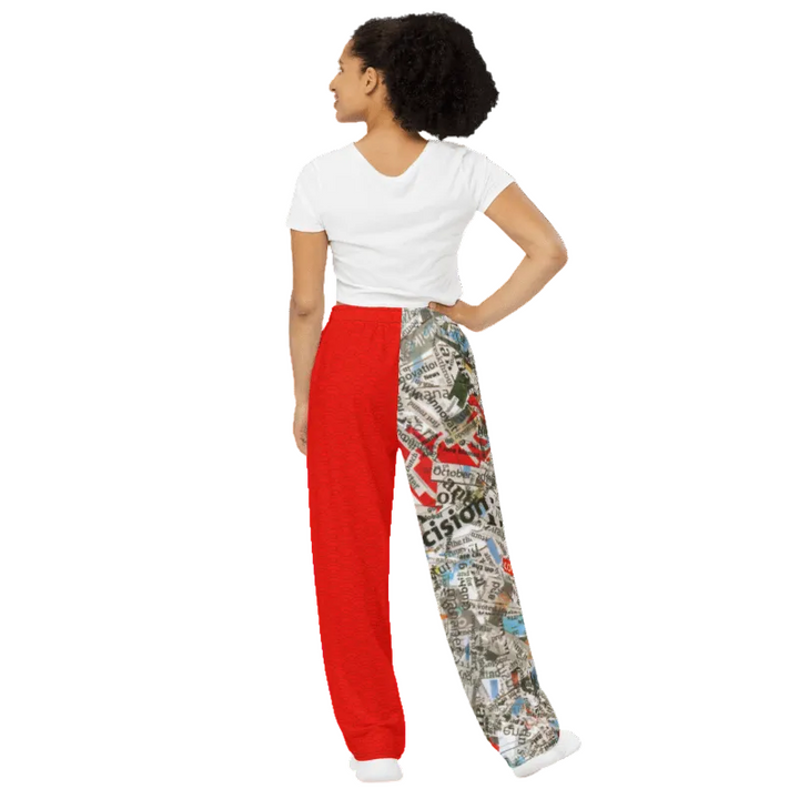 Woman wearing a white top and colorful patterned pants on a white background