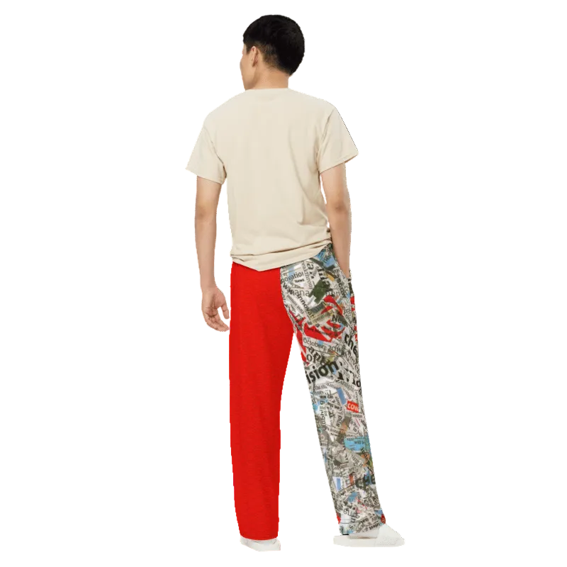 Person wearing a beige t-shirt and red pants with a patterned design on a white background