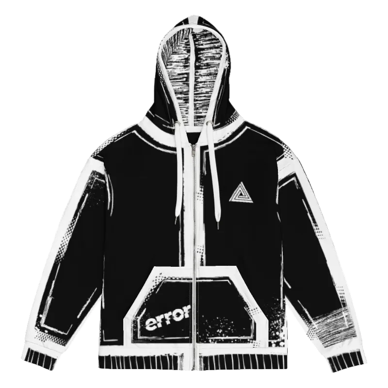Black and white hoodie with geometric design and 'error' text on a white background