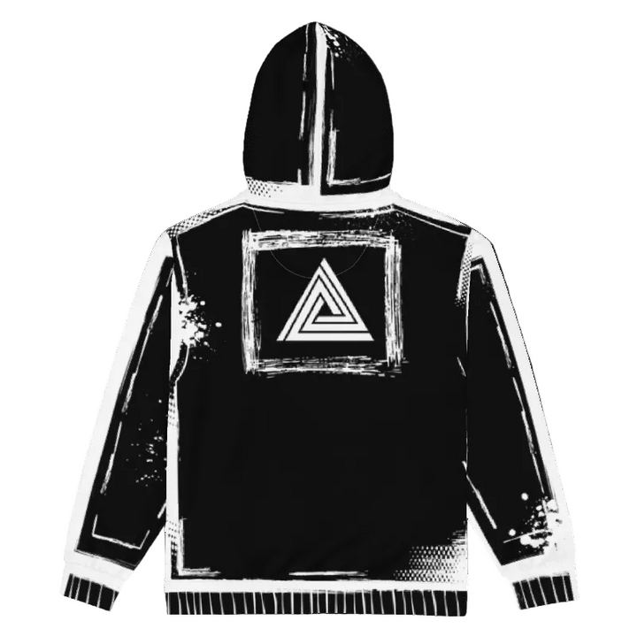 Black hoodie with a white triangle symbol on the back against a white background