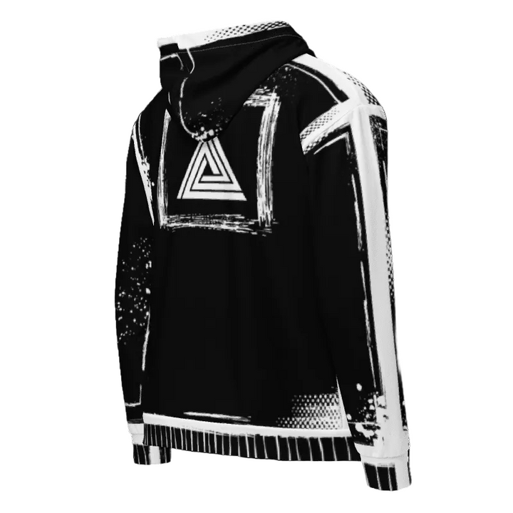 Black hoodie with a geometric design on the chest against a white background
