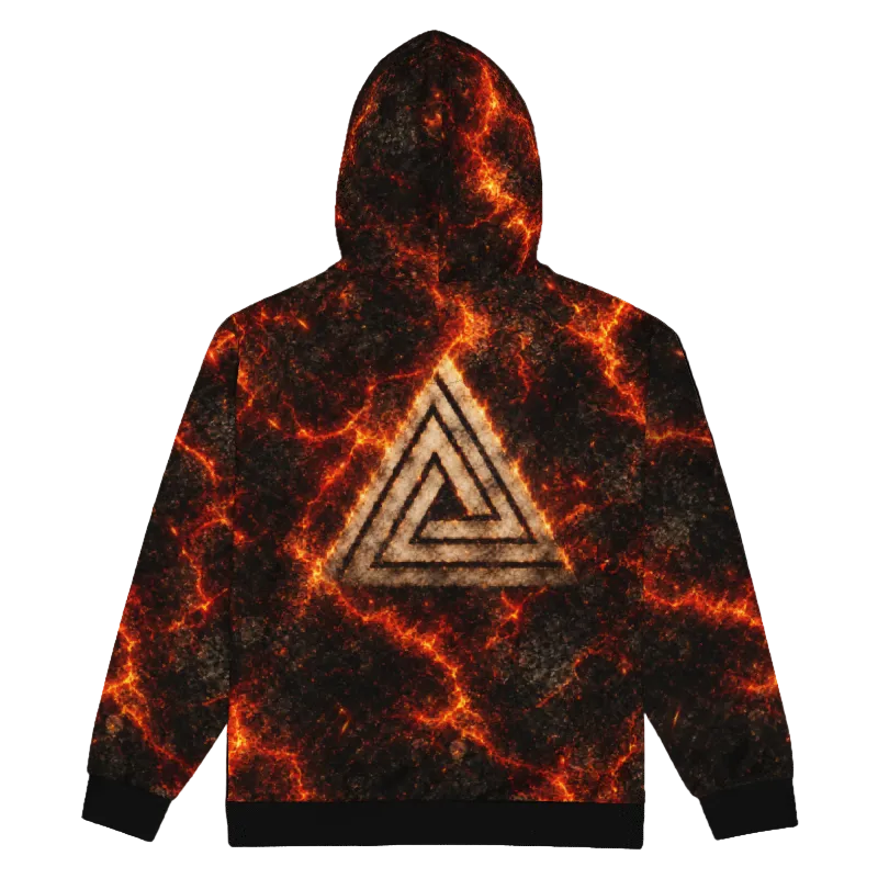 A hooded sweatshirt shown from the back, featuring a black base with a fiery orange and red crackle pattern resembling lava or molten metal, and a large beige triple-angle triangle symbol centered on the back.
