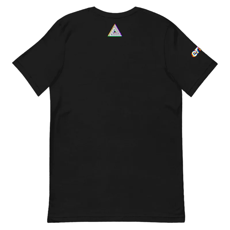 Black short-sleeve t-shirt shown from the back, featuring a small rainbow-striped triangle logo centered on the upper back and a matching small logo on the left sleeve, set against a plain white background.