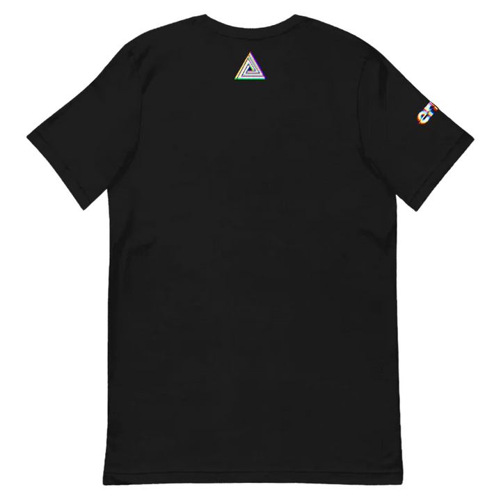 Black short-sleeve t-shirt shown from the back, featuring a small rainbow-striped triangle logo centered on the upper back and a matching small logo on the left sleeve, set against a plain white background.