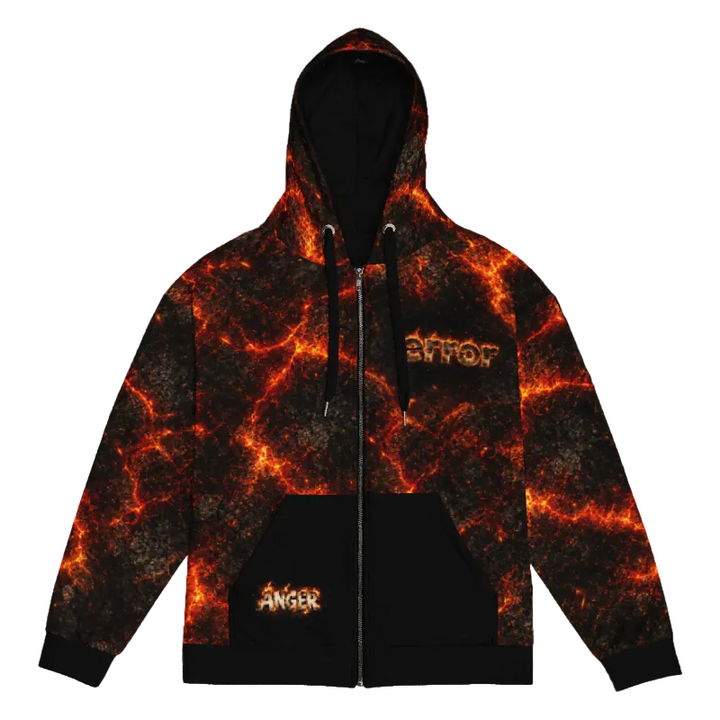 A black and orange lava-patterned zip-up hoodie with a black front pocket and drawstrings, featuring the words 'error' on the chest and 'ANGER' on the pocket, shown on a plain white background.
