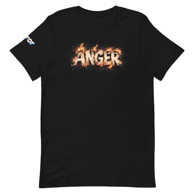 A black short-sleeve crewneck t-shirt featuring the word 'ANGER' printed across the chest in a fiery orange and yellow flame-like graphic. A small blue and white logo is visible on the left sleeve.
