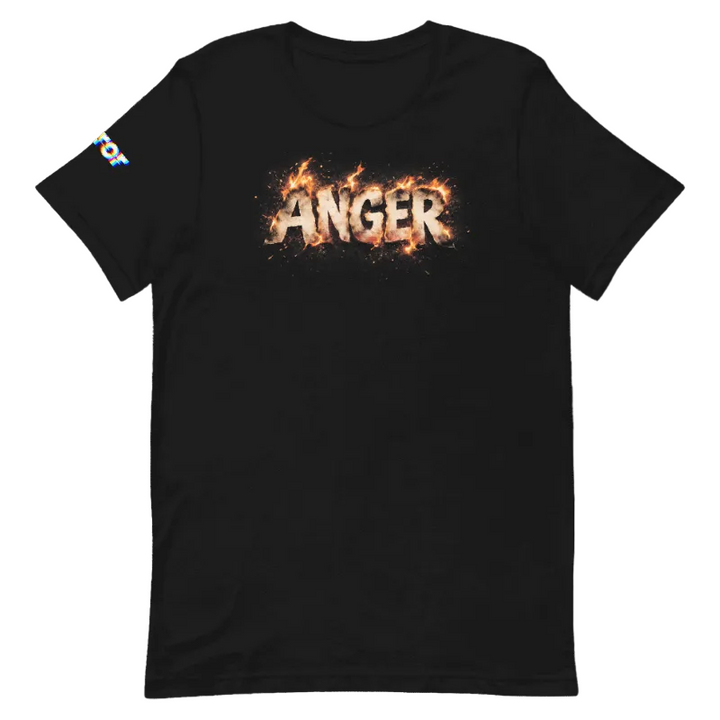 A black short-sleeve crewneck t-shirt featuring the word 'ANGER' printed across the chest in a fiery orange and yellow flame-like graphic. A small blue and white logo is visible on the left sleeve.