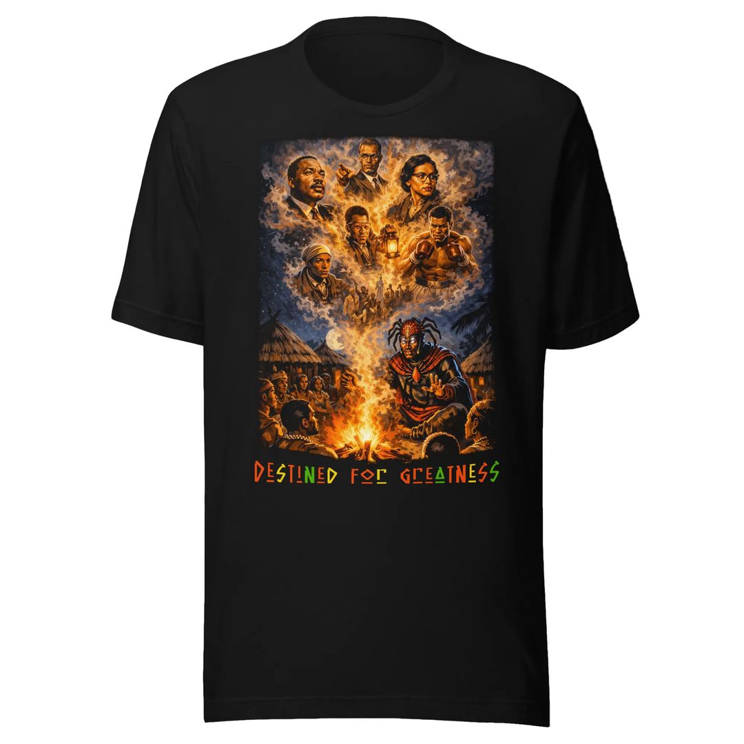 Black t-shirt with a colorful graphic and 'Destined for Greatness' text on a white background