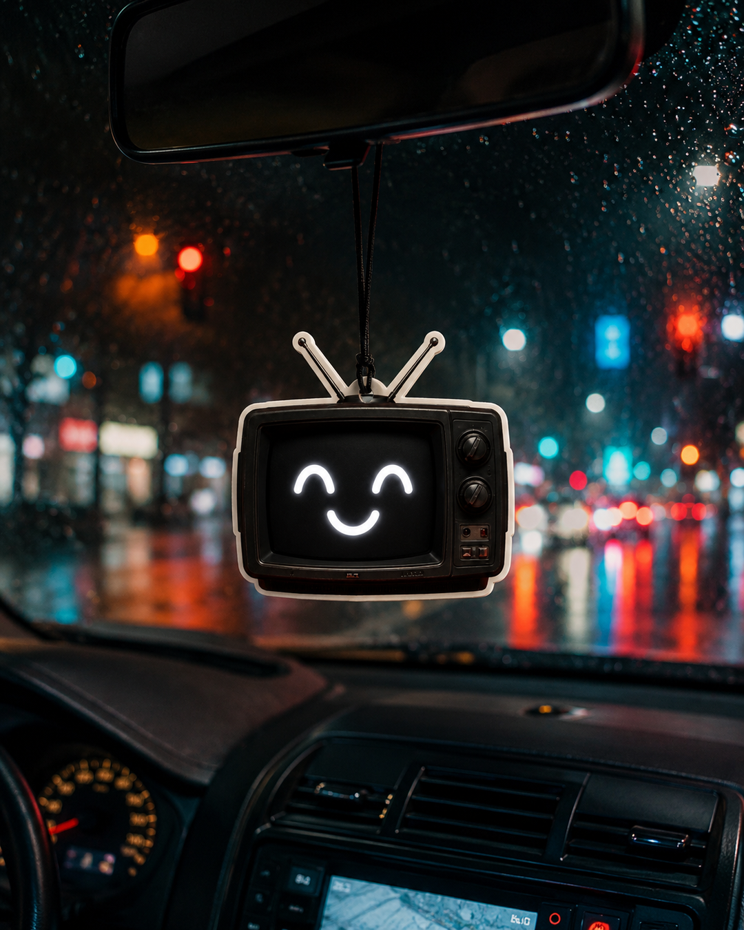 A retro-style hanging TV ornament with a glowing smiley face is suspended from the rearview mirror inside a car on a rainy night street.