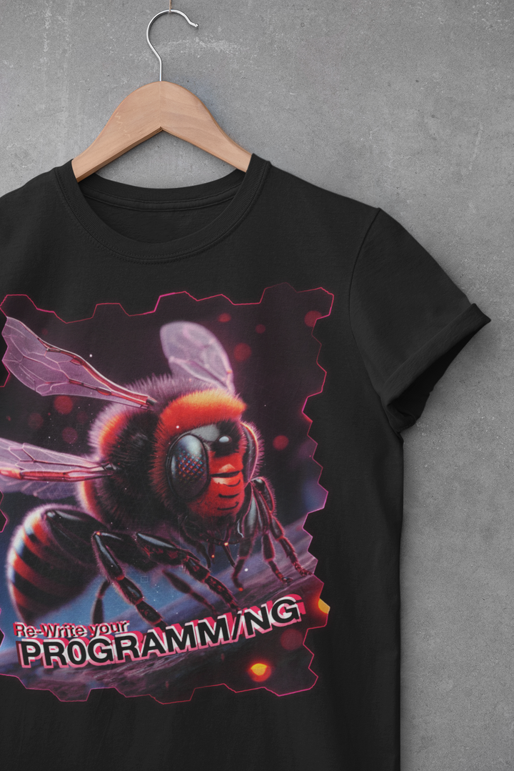 Black t-shirt with a bee graphic and text on a gray background