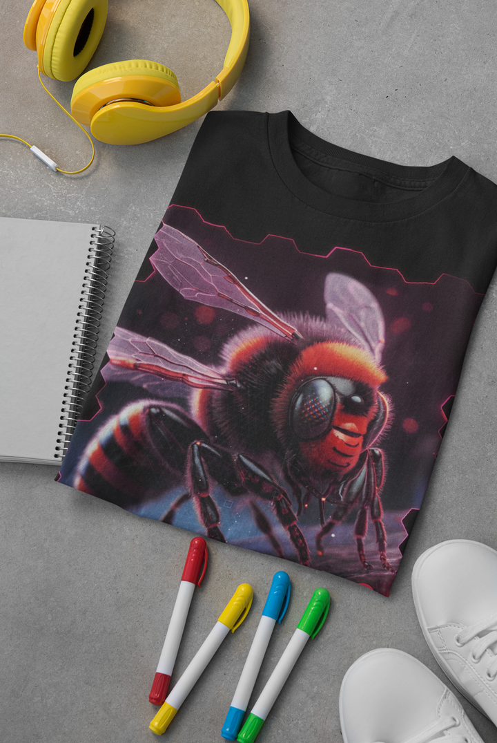 Black t-shirt with bee design on a gray surface with headphones, notebook, and markers.