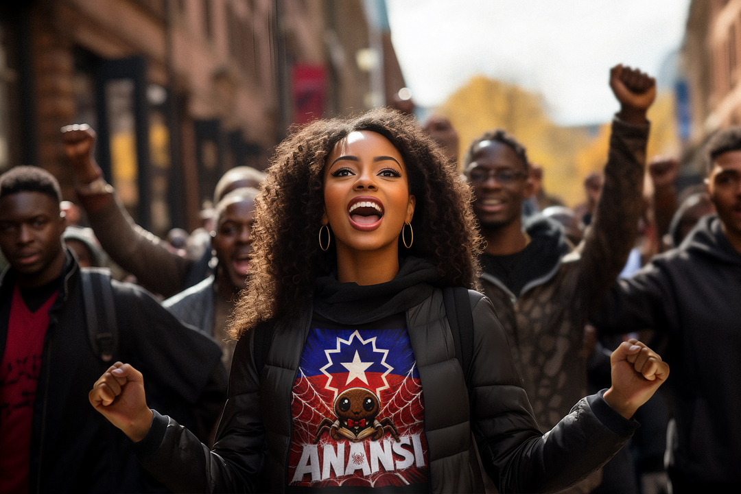Woman in a crowd with raised fists, wearing a shirt with 'Anansi' branding.