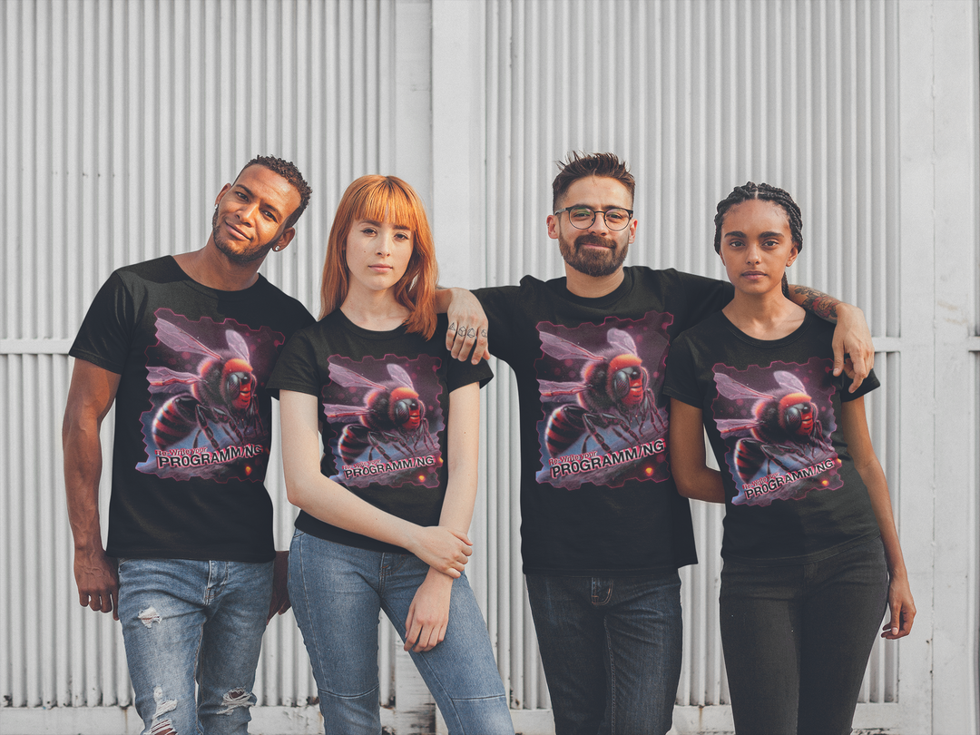 Four people wearing black t-shirts with a graphic design on a white wall background