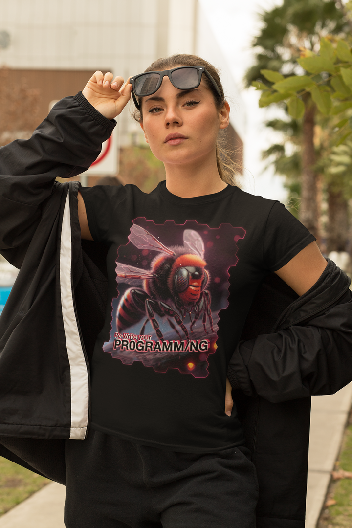 Person wearing a black t-shirt with a graphic design outdoors
