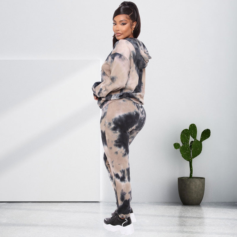 Dark Tie-Dyed Loose Hooded Casual Set
